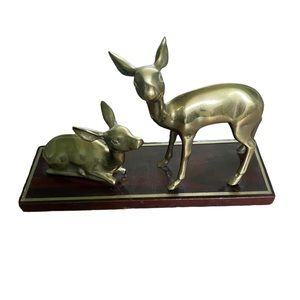 Vintage MCM gold brass deer on wooden stand woodland animal critter decor